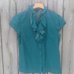 Talbots Teal Ruffle Neck Cotton/Silk Blouse - Sz 8